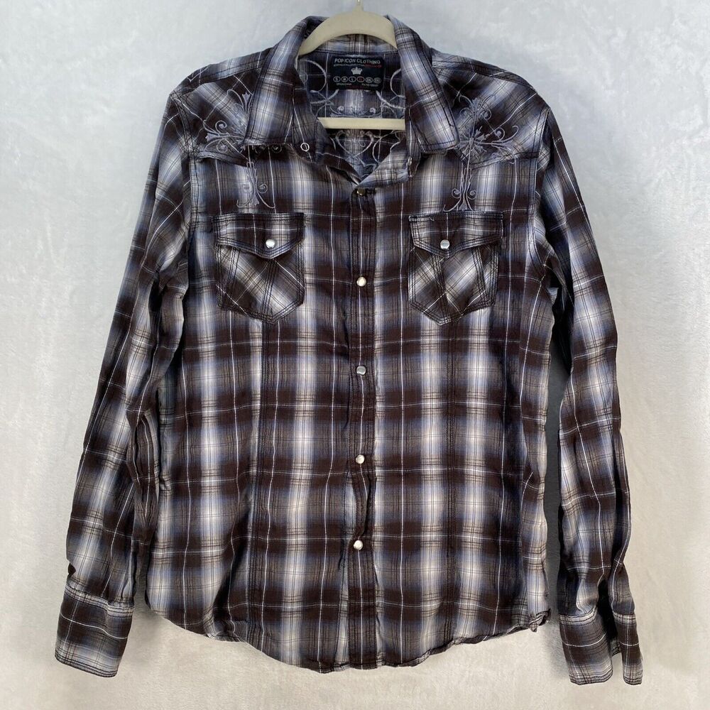 Buckle Pop Icon Clothing Pearl Snap Long Sleeve Men’s Sz Xl Brown Plaid Western